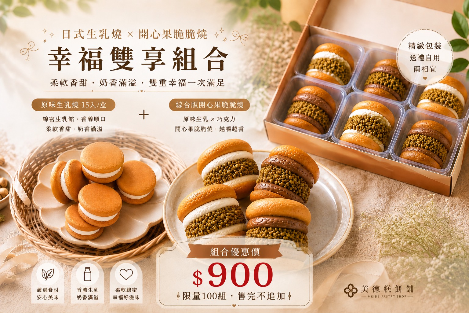 幸福雙享組合(綜合開心果脆脆燒6入/盒+原味生乳燒15入/盒)-中秋預購8/24起安排宅配及自取