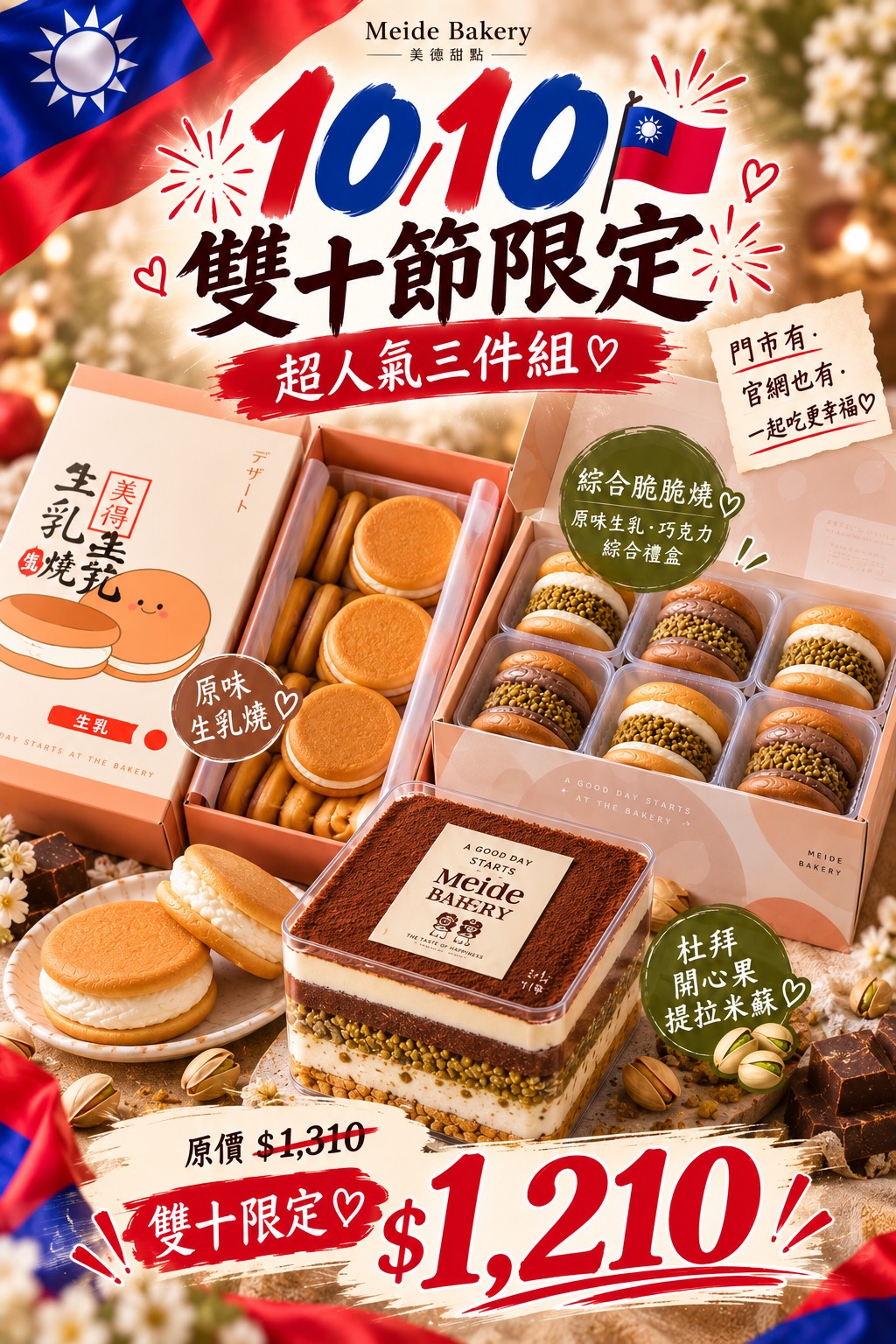 美德人氣甜點三重奏|生乳燒+杜拜開心果提拉米蘇+綜合開心果脆脆燒