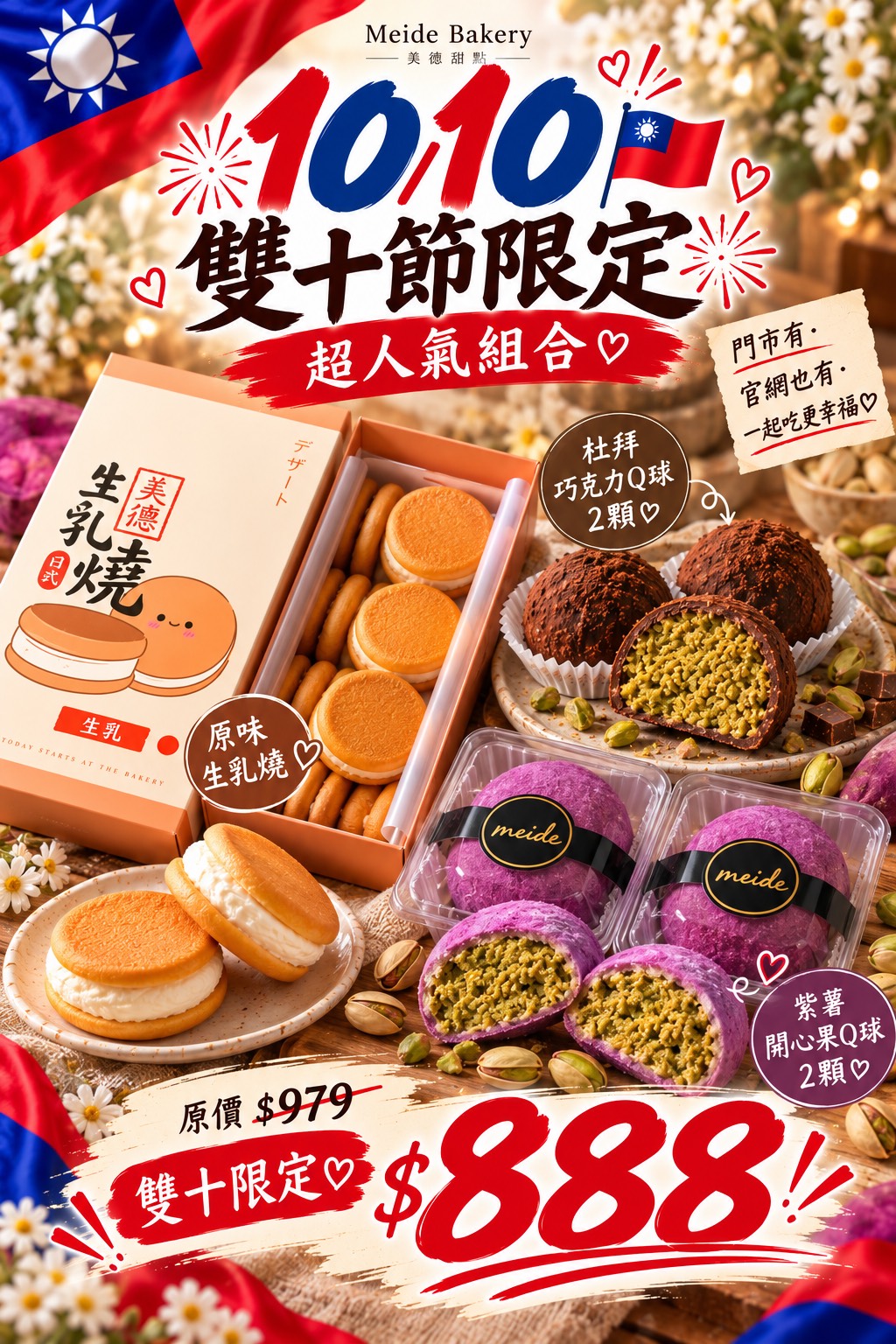 10/10 雙十限定|生乳燒+杜拜開心果Q球(巧克力+紫薯)
